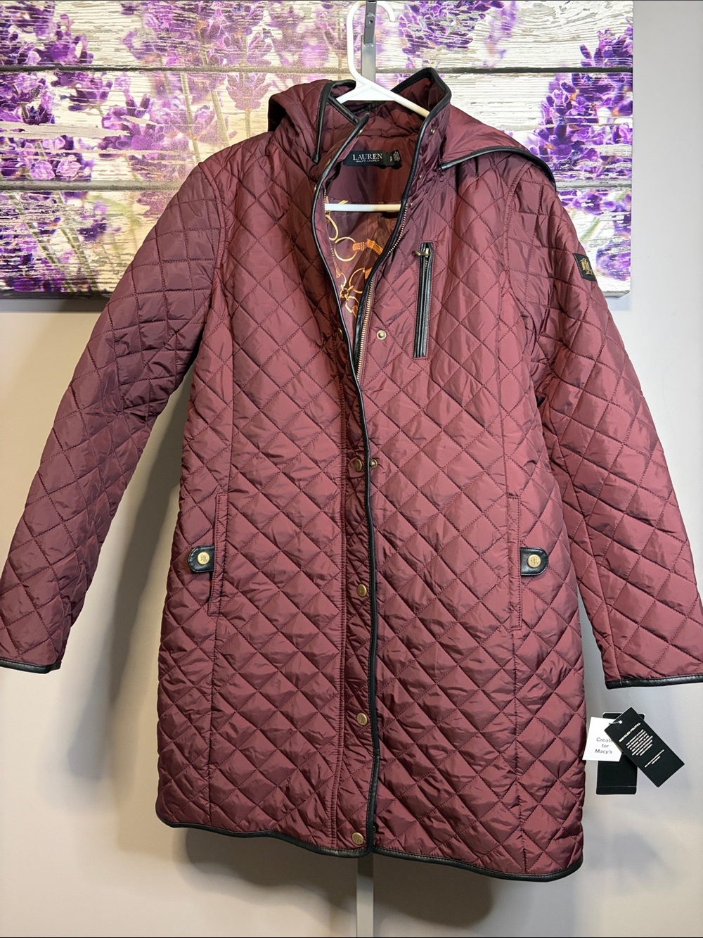 Lauren Ralph Lauren Diamond-Quilted Hooded Coat in Garnet Size S NWT